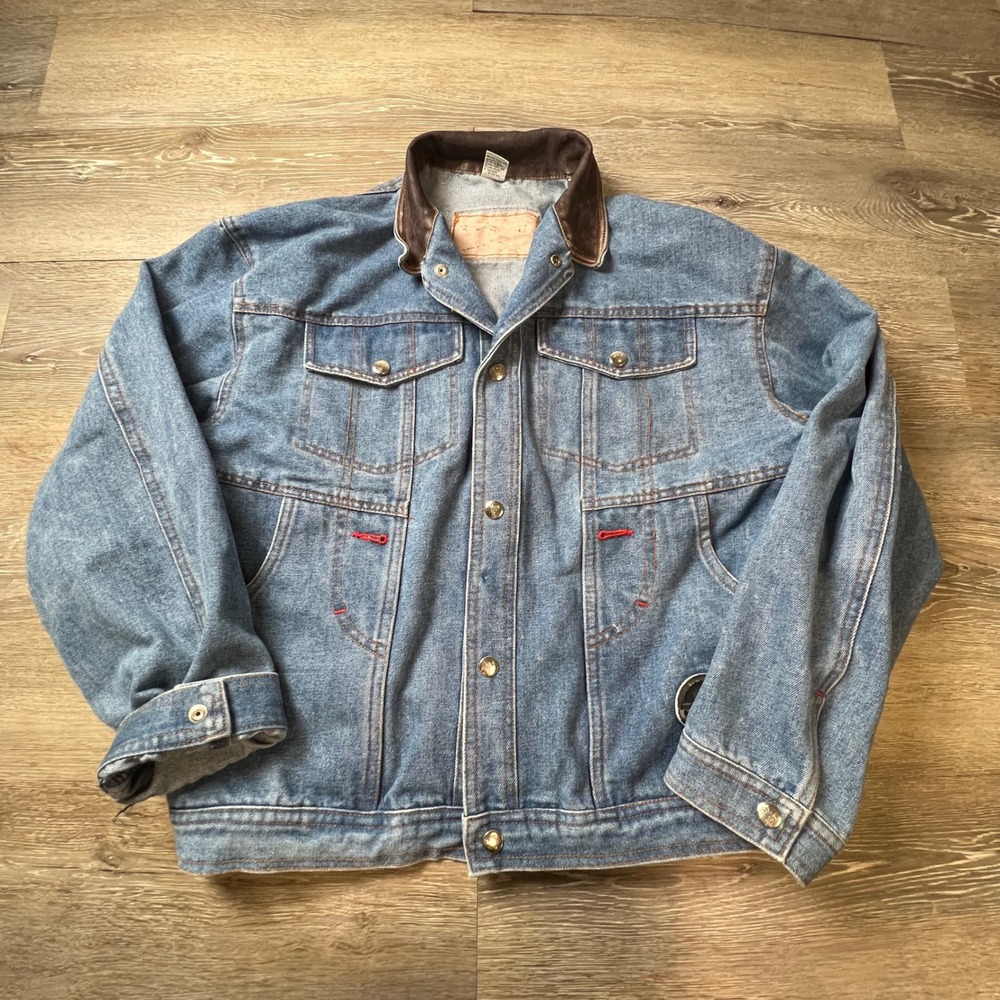 Tour Racing Denim Jacket Mens XL Blue Leather Trim Vintage 1989 Moto Trucker